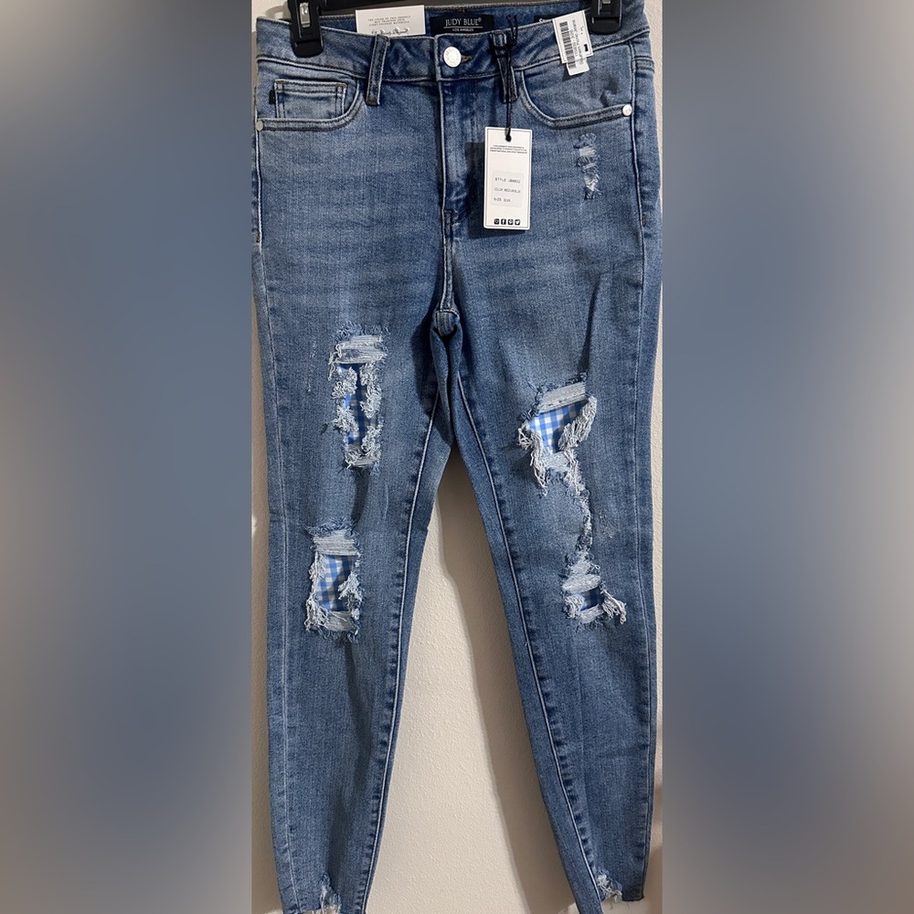 NEW - Judy Blue High Waisted Distressed Skinny Jeans w/Gingham Patches, Sz 3/26
